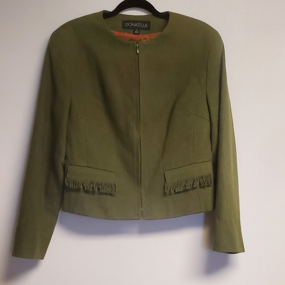 Vintage DONATELLA Green Wool Blend Cropped Zip Front Blazer Jacket 12